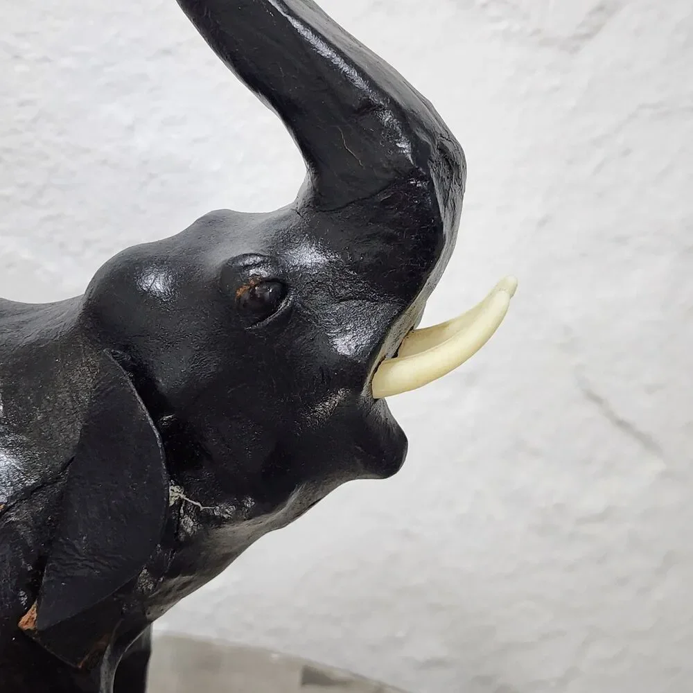 Vtg Black Leather Wrapped Elephant Statue Figurine Trunk Up MCM Safari Decor 11